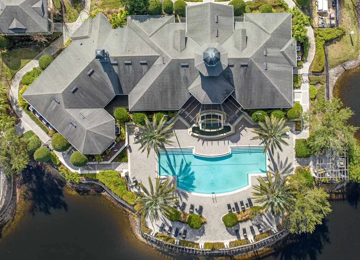 Aerial view of pool and grounds